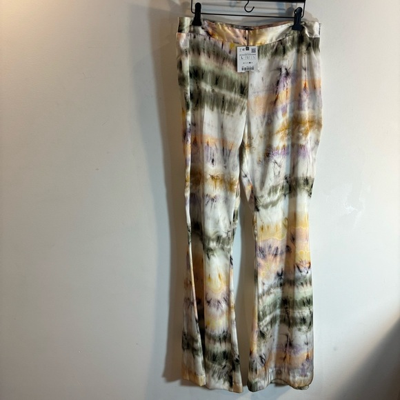 ZARA Sz L Tie Dye Trousers Flare Satin Slinky Flowy Hippie Festival Vibes NEW - Picture 2 of 11